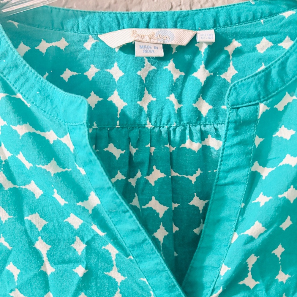 Boden Kelly Green & White Printed Tie-Waist 3/4 Sleeve Dress with Pink Pom Trim - Picture 3 of 13